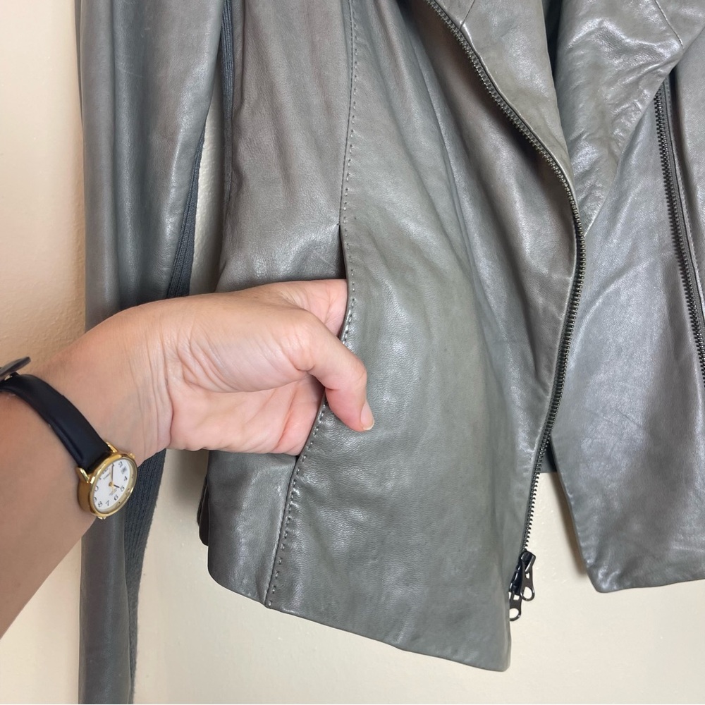 Vince Women’s Genuine Leather Jacket S Funnel Neck Olive Green Minimalist Chic - Picture 11 of 15